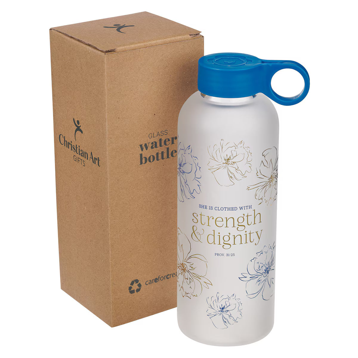 Strength and Dignity Blue Floral Glass Water Bottle - Proverbs 31:25