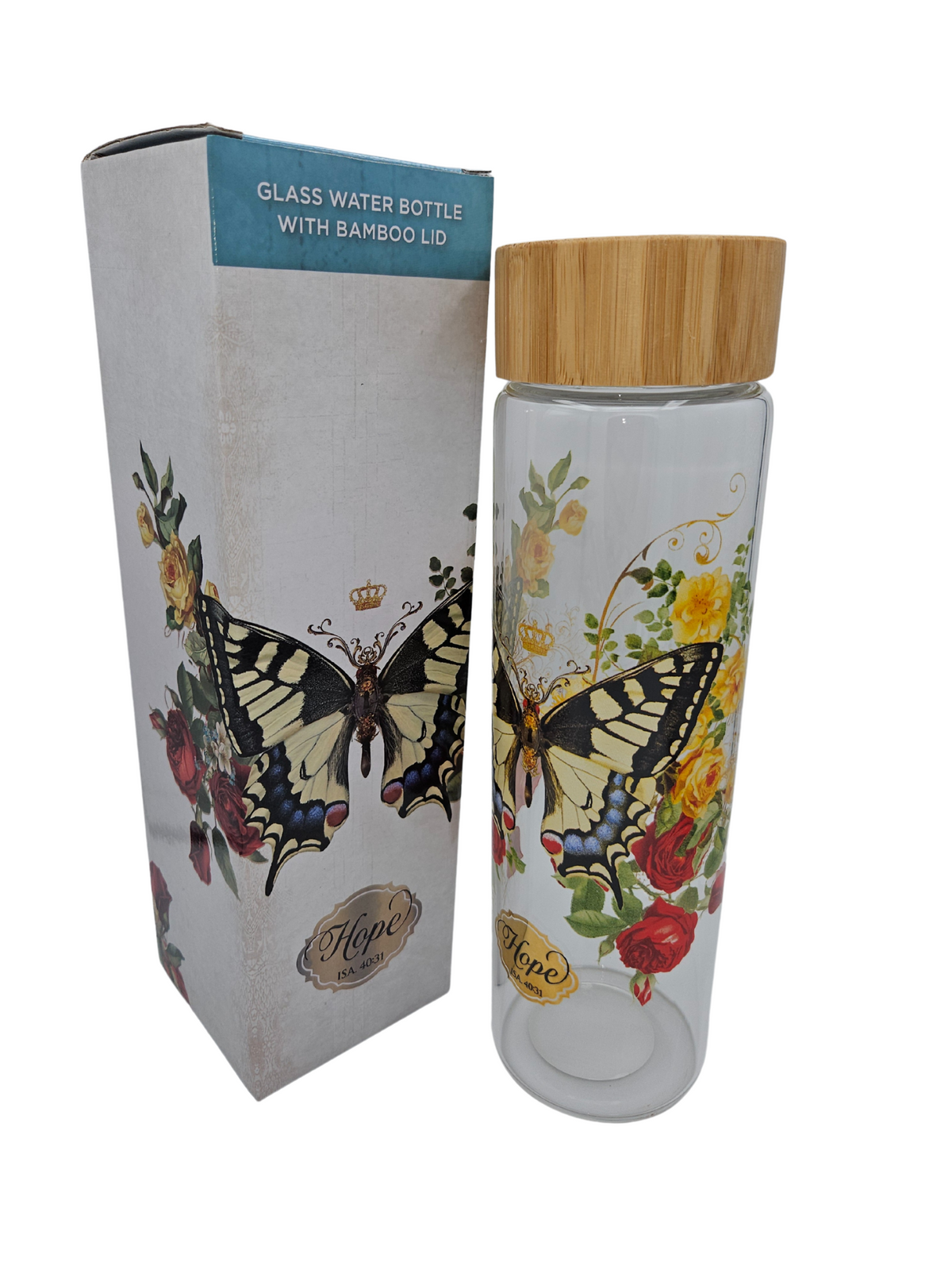 Hope Yellow Butterfly Glass Water Bottle - Isaiah 40:31