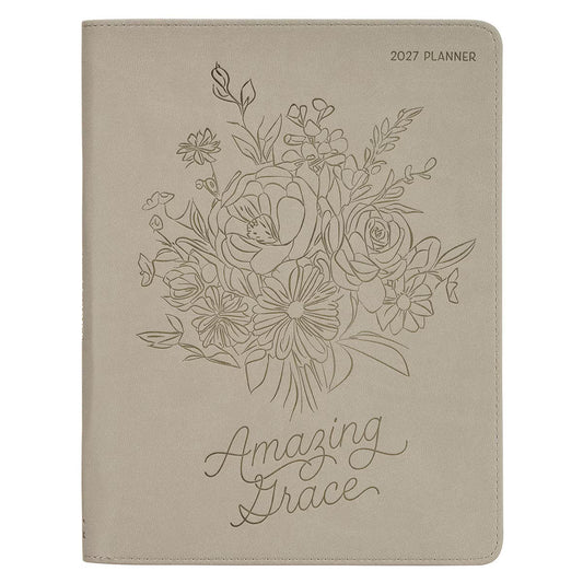 2027 Amazing Grace Large Zippered Taupe Faux Leather 18-Month Planner for Women