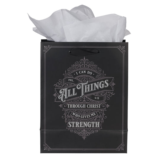 Through Christ Black and Silver Medium Gift Bag - Philippians 4:13