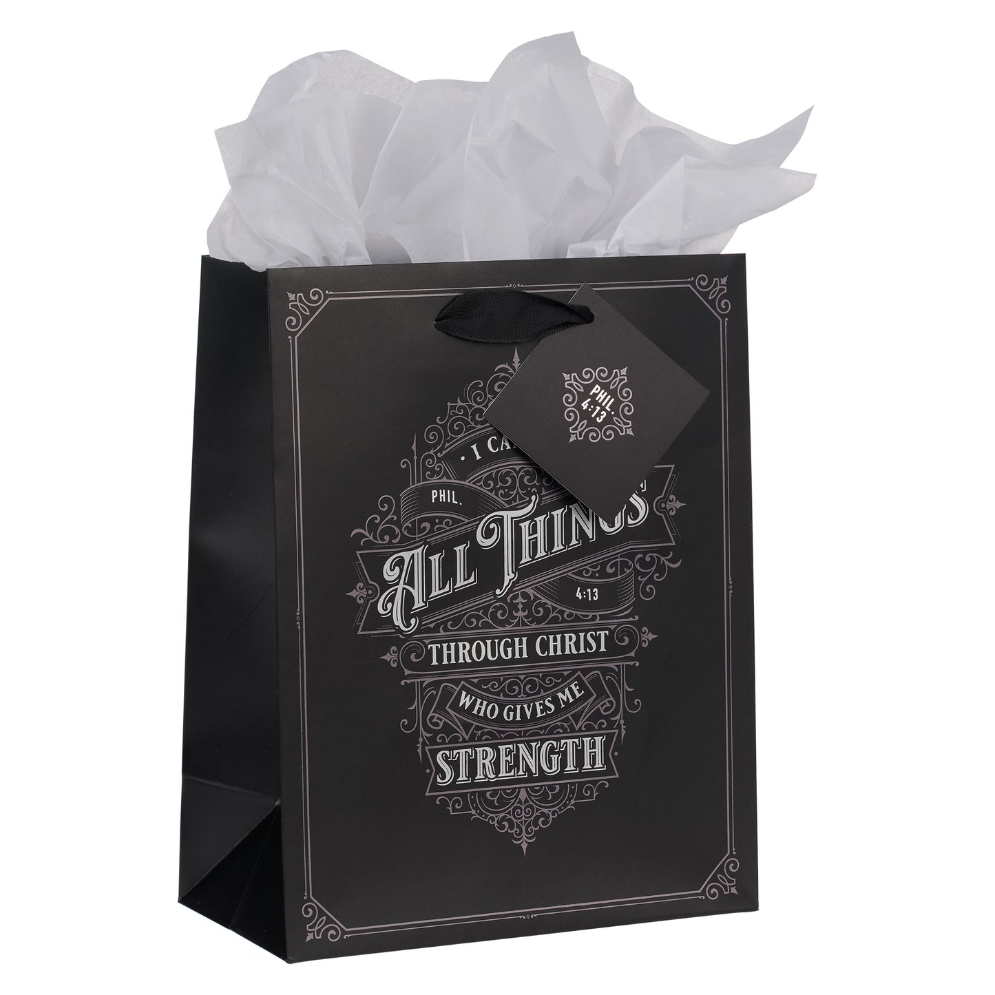 Through Christ Black and Silver Medium Gift Bag - Philippians 4:13