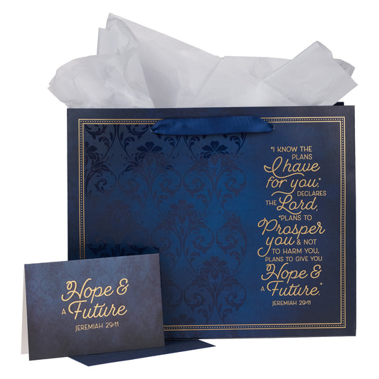 Know The Plans Blue Floral Trellis Large Landscape Gift Bag with Card - Jeremiah 29:11