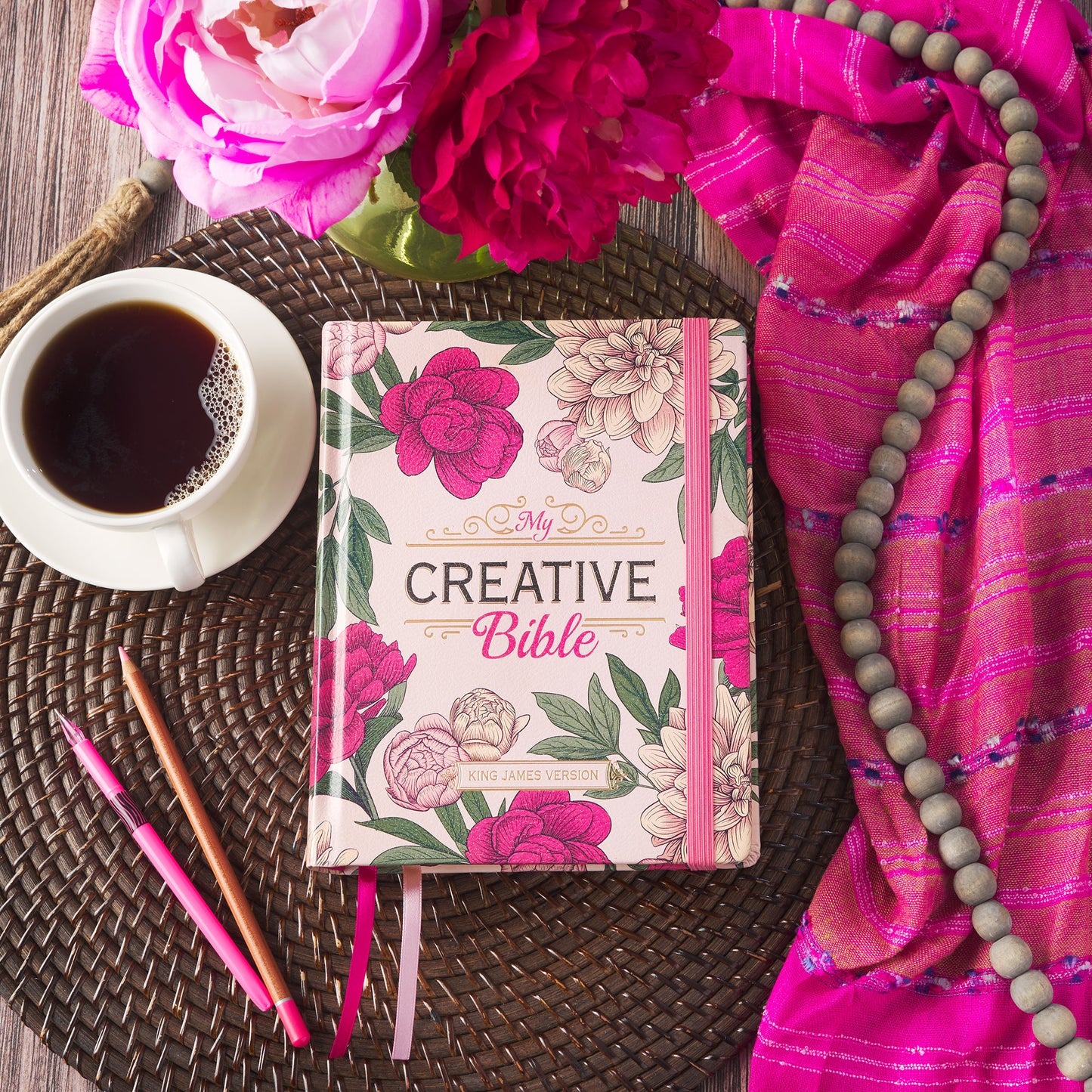 Rose-pink Floral Faux Leather Hardcover KJV My Creative Bible with Elastic Closure