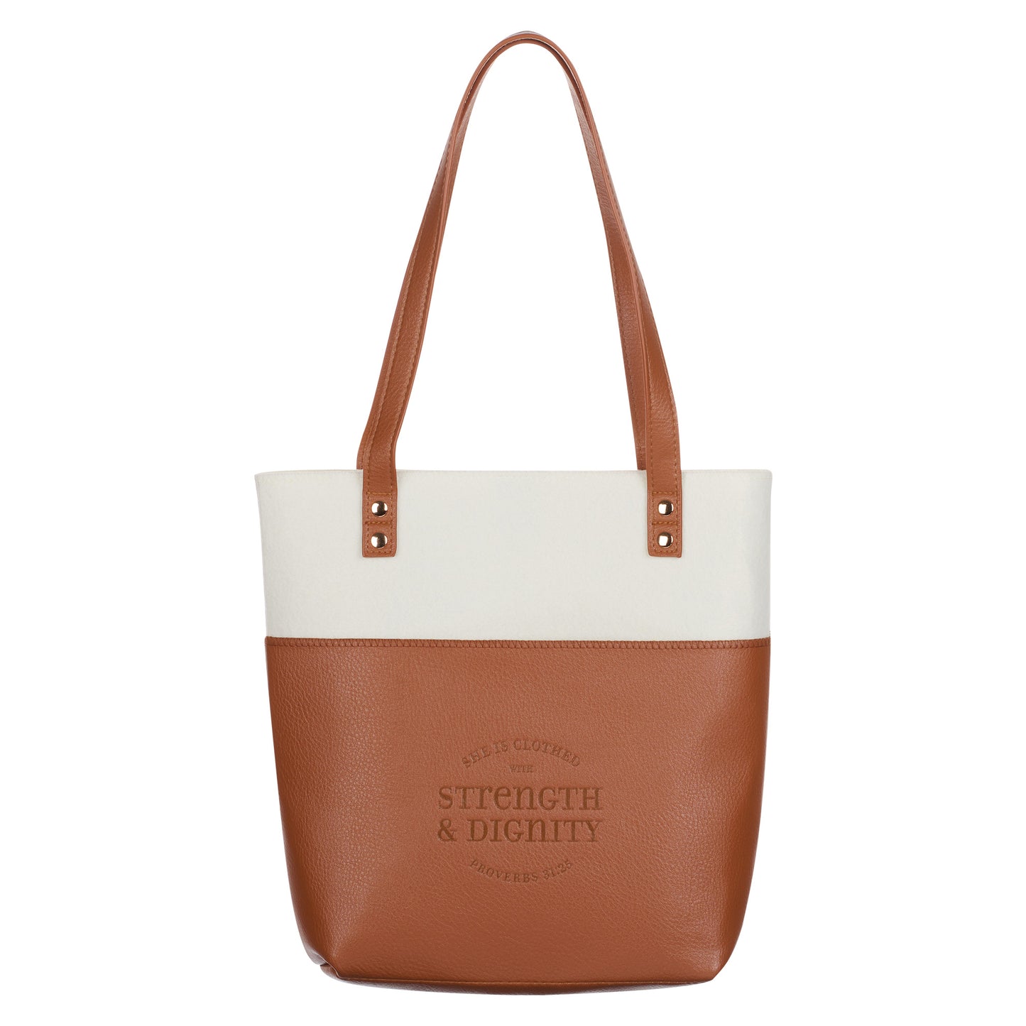 Strength & Dignity Two-tone Toffee and Cream Felt Fashion Bible Tote Bag - Proverbs 31:25