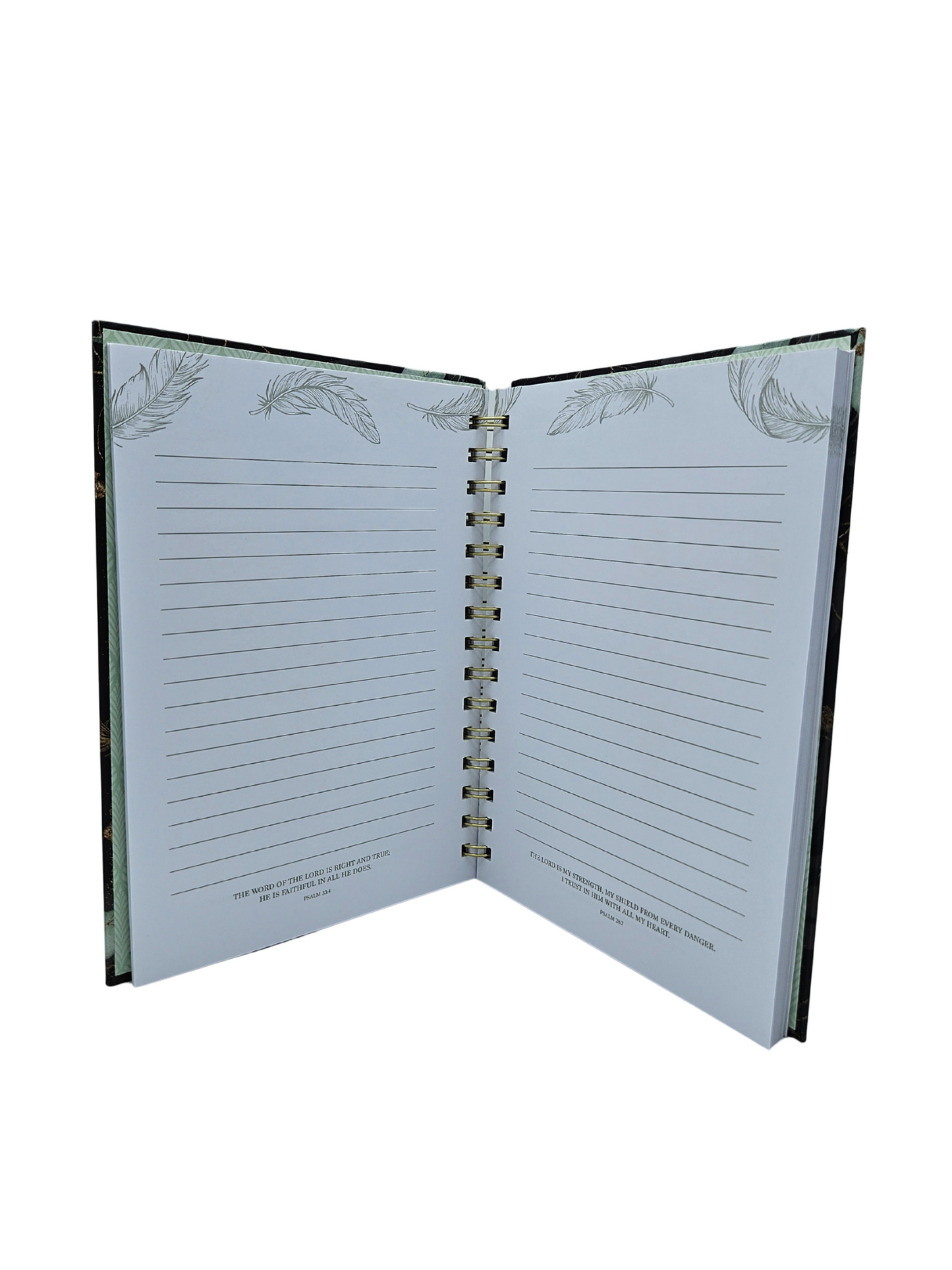 Find Refuge Black and Gold Feather Large Spiral Journal - Psalm 91:4