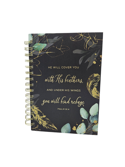 Find Refuge Black and Gold Feather Large Spiral Journal - Psalm 91:4