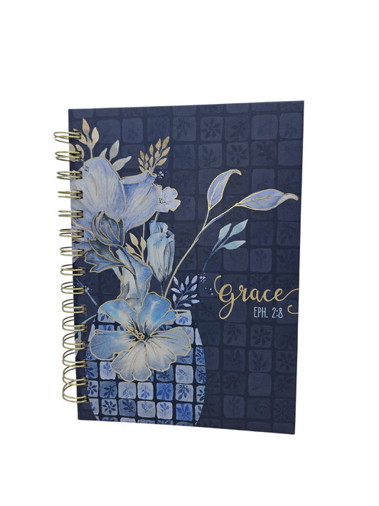Grace Blue Floral Tile Spiral Journal - Ephesians 2:8