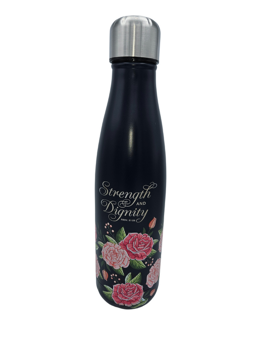 Strength and Dignity Pink Rose Stainless Steel Water Bottle - Proverbs 31:25