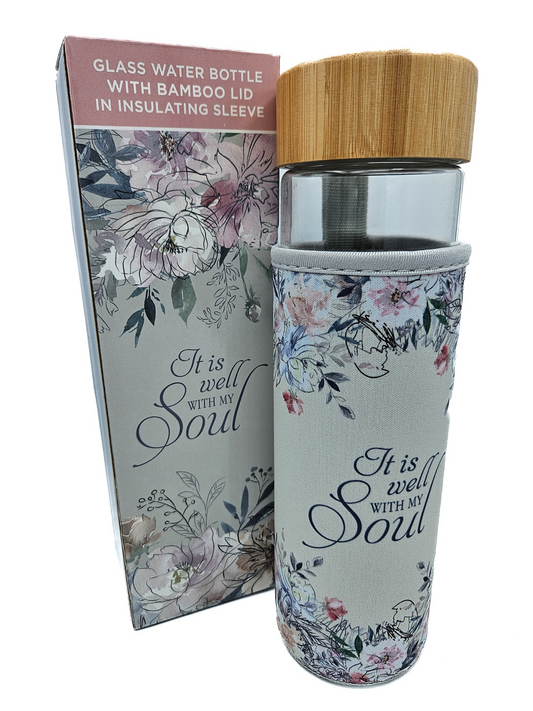 Well With My Soul Hymn Glass Water Bottle with Bamboo Lid and Sleeve