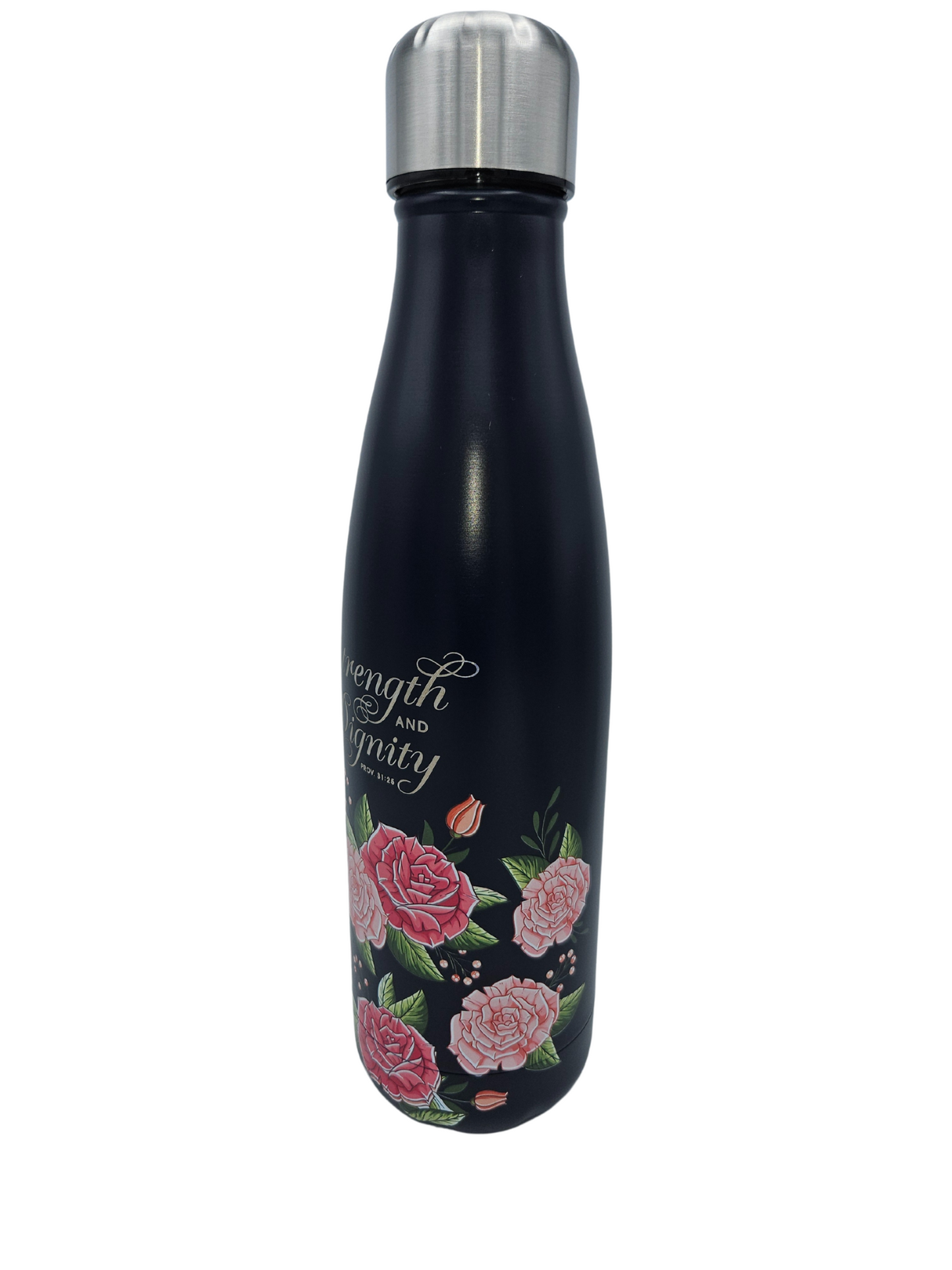 Strength and Dignity Pink Rose Stainless Steel Water Bottle - Proverbs 31:25